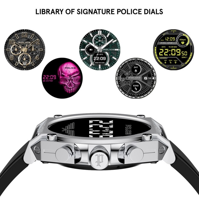 Police smartwatch with black strap and black digital display.