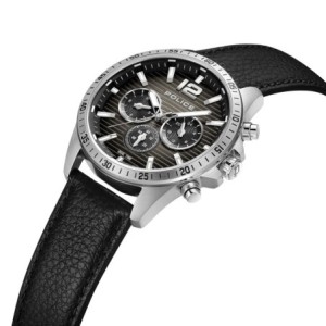 Police watch with black leather strap and dark dial