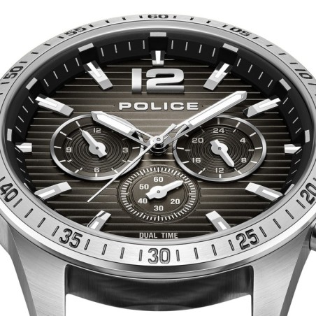 Police watch with black leather strap and dark dial