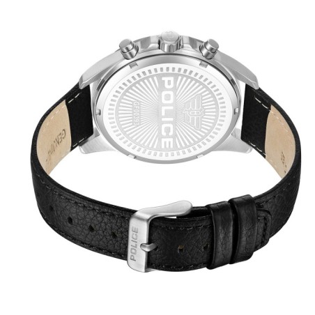 Police watch with black leather strap and dark dial