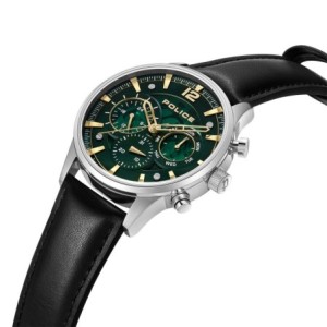 Ρολόι με μαύρο δερμάτινο λουράκι και πράσινο καντράν πολλαπλών ενδείξεων.