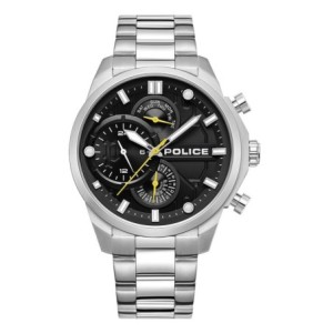 Police watch with silver bracelet and black multifunction dial.