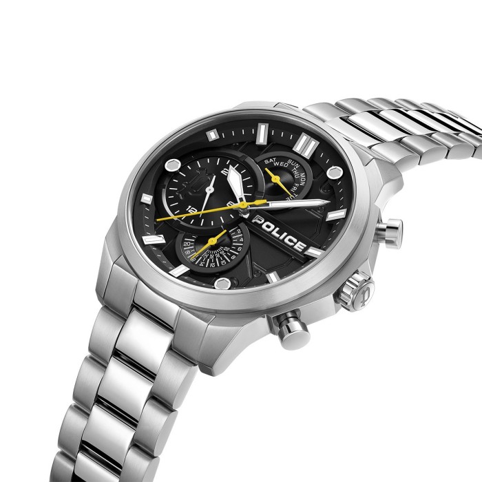 Police watch with silver bracelet and black multifunction dial.