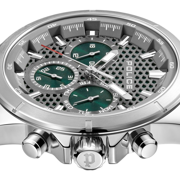 Police watch with silver bracelet and green dial