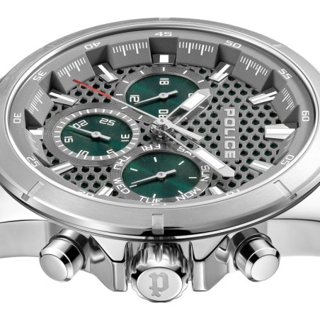 Police watch with silver bracelet and green dial