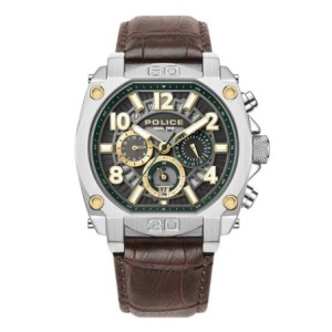 Police watch with brown leather strap, silver case and green dial with dual time display.