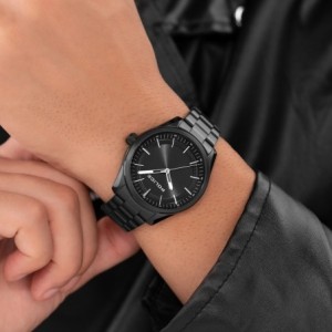 Police watch with black bracelet and black dial