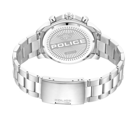 Police watch with silver bracelet and blue chronograph dial.