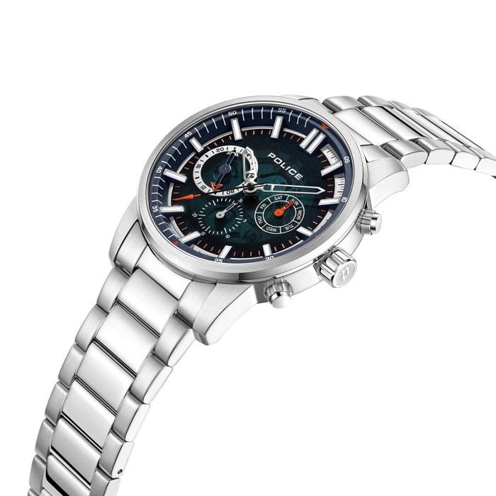 Police watch with silver bracelet and blue dial