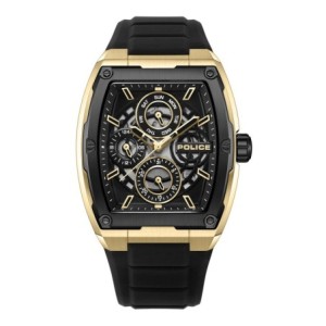 Police watch with black rubber strap, gold-tone case and black dial