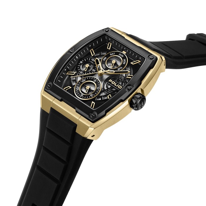 Police watch with black rubber strap, gold-tone case and black dial