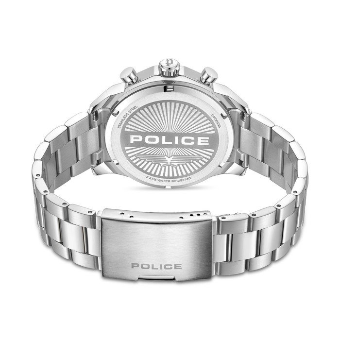 Police watch with silver bracelet and blue dial.