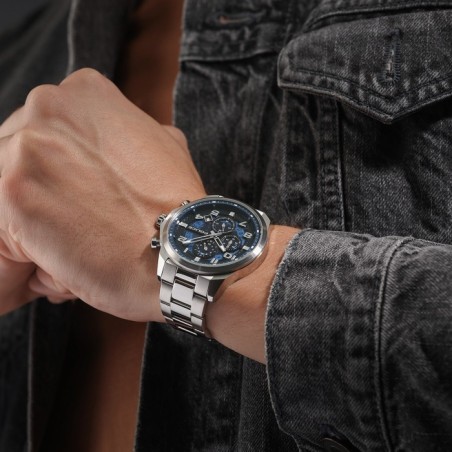 Police watch with silver bracelet and blue dial.