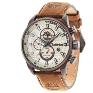 Timberland multifunction watch with beige dial and brown leather strap