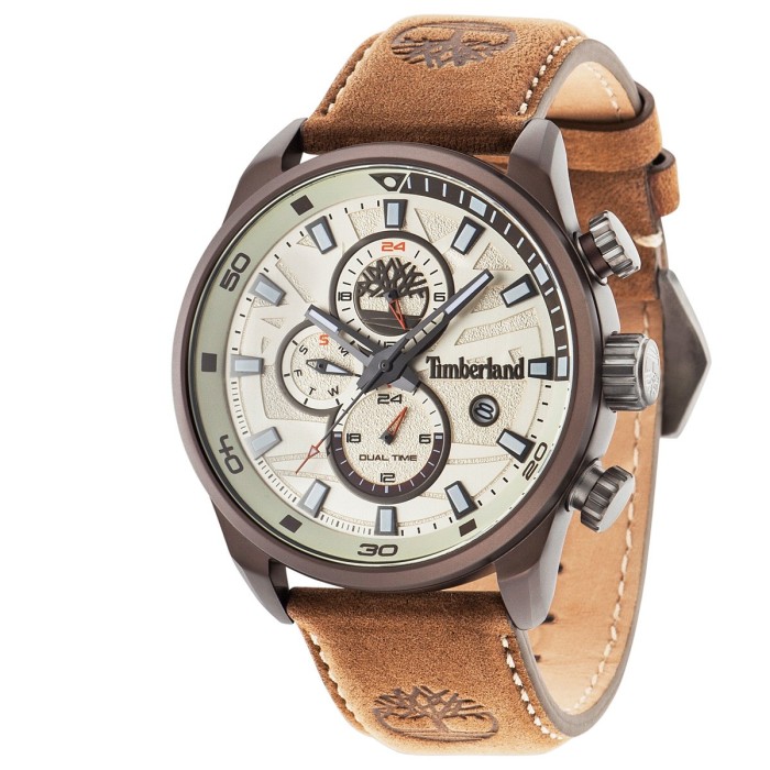 Timberland multifunction watch with beige dial and brown leather strap