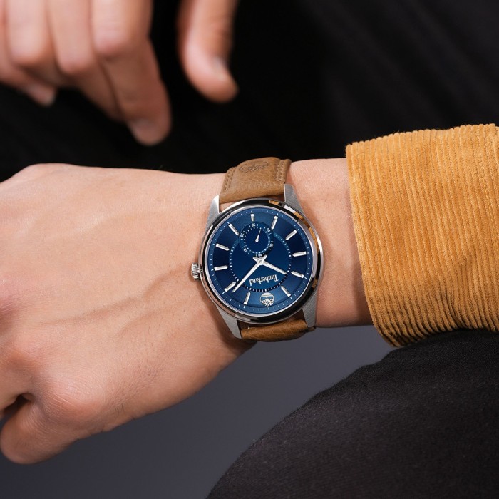 Timberland watch with blue dial and brown leather strap