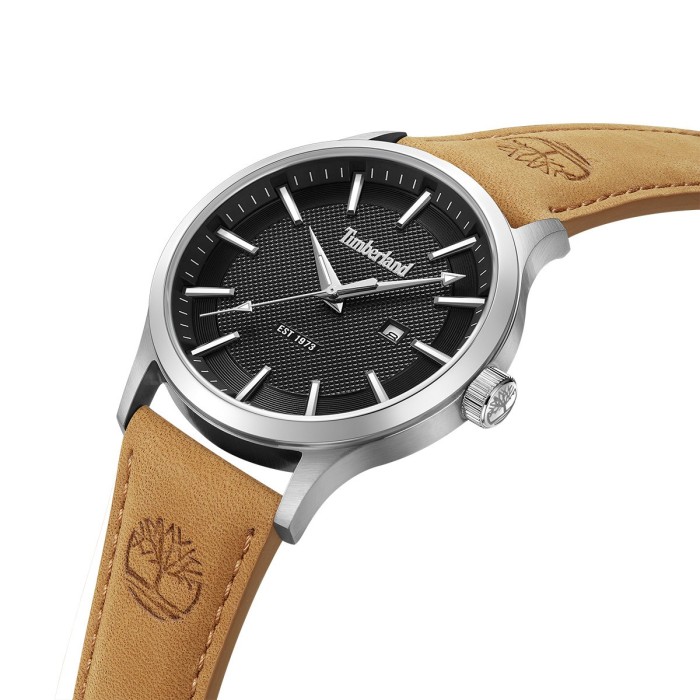Timberland watch with black dial and brown leather strap
