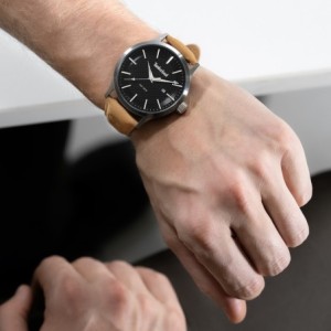 Timberland watch with black dial and brown leather strap