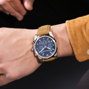 Timberland chronograph watch with blue dial and brown leather strap