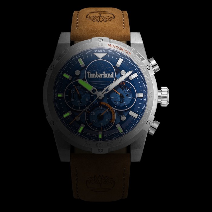 Timberland chronograph watch with blue dial and brown leather strap