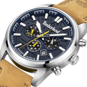 Ρολόι Timberland dual time chronograph με μπλε καντράν και καφέ δερμάτινο λουράκι