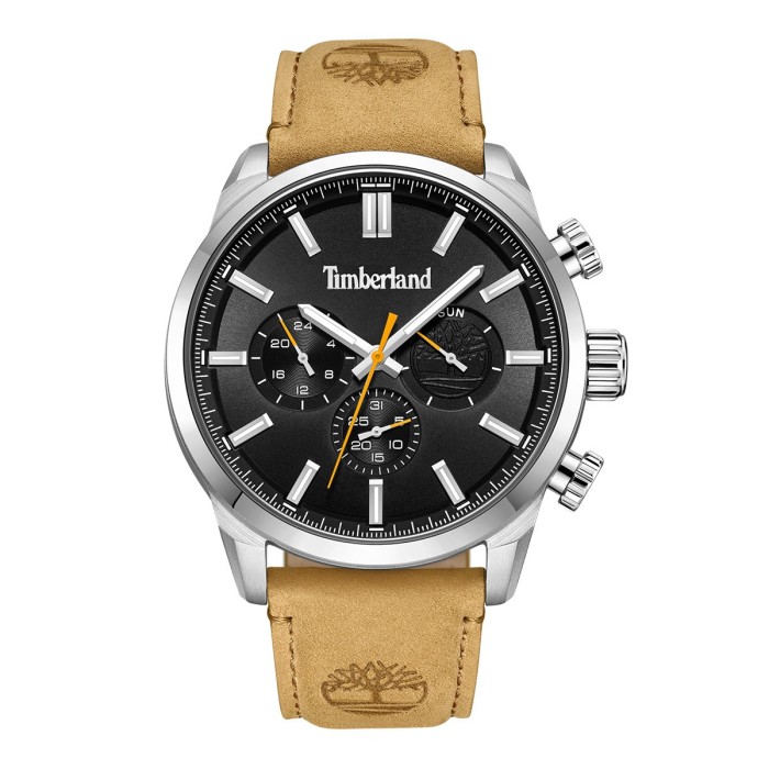 Timberland multifunction watch with black dial and beige leather strap