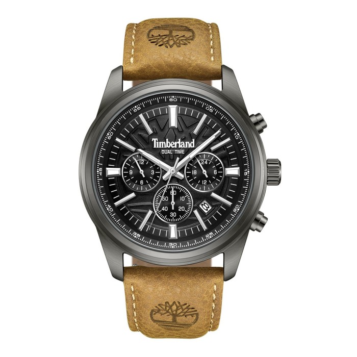 Timberland dual time chronograph watch with black dial and brown leather strap