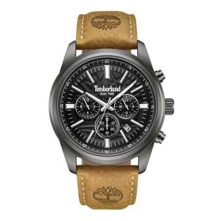 Timberland dual time chronograph watch with black dial and brown leather strap