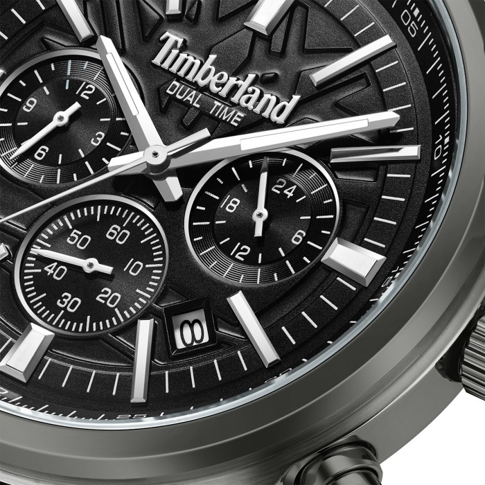 Ρολόι Timberland dual time chronograph με μαύρο καντράν και καφέ δερμάτινο λουράκι