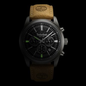 Timberland dual time chronograph watch with black dial and brown leather strap