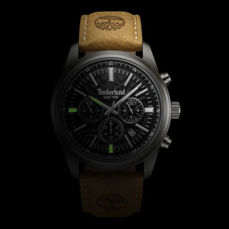 Timberland dual time chronograph watch with black dial and brown leather strap