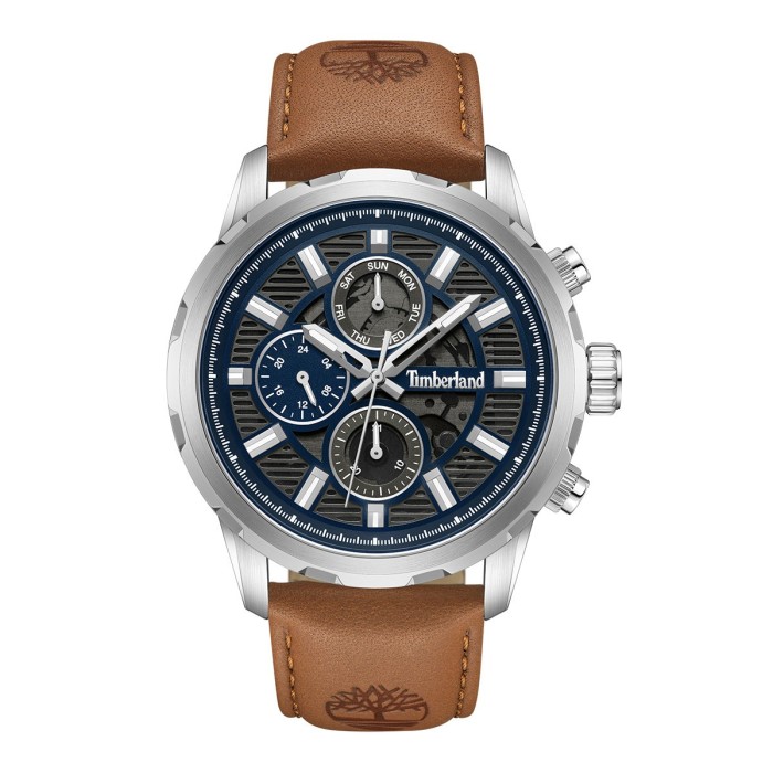 Timberland multifunction watch with blue dial and brown leather strap