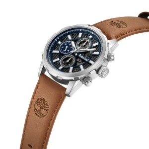 Timberland multifunction watch with blue dial and brown leather strap