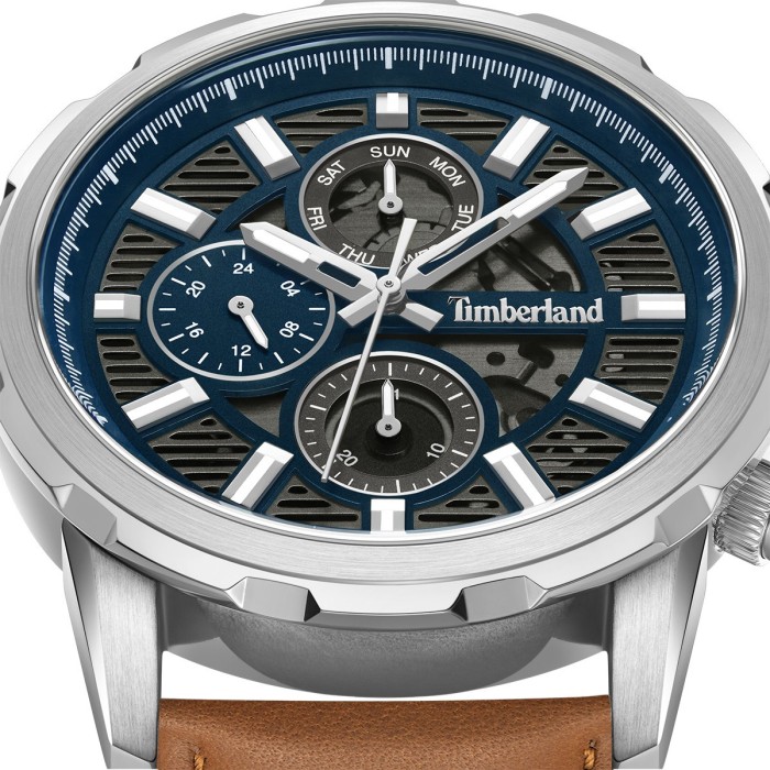 Timberland multifunction watch with blue dial and brown leather strap
