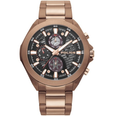 Police watch with gold bracelet and black dial.