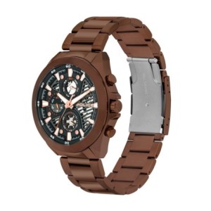 Police watch with gold bracelet and black dial.