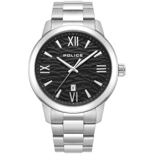 Police watch with silver bracelet and black textured dial with Roman numerals.
