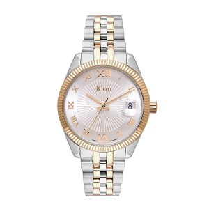 JCou watch with two-tone bracelet and silver sunray dial with Roman numerals