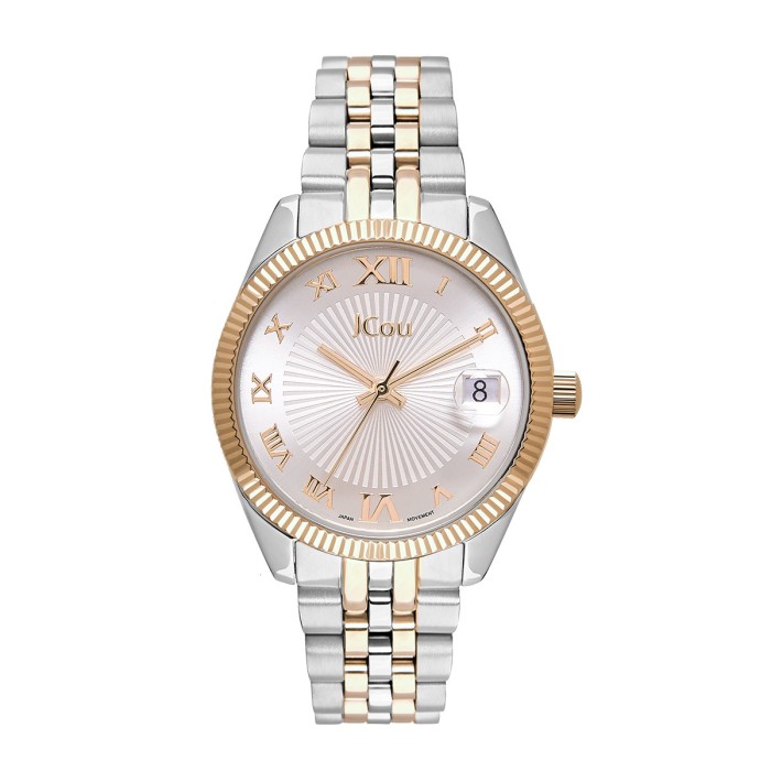 JCou watch with two-tone bracelet and silver sunray dial with Roman numerals