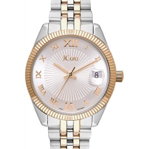 JCou watch with two-tone bracelet and silver sunray dial with Roman numerals
