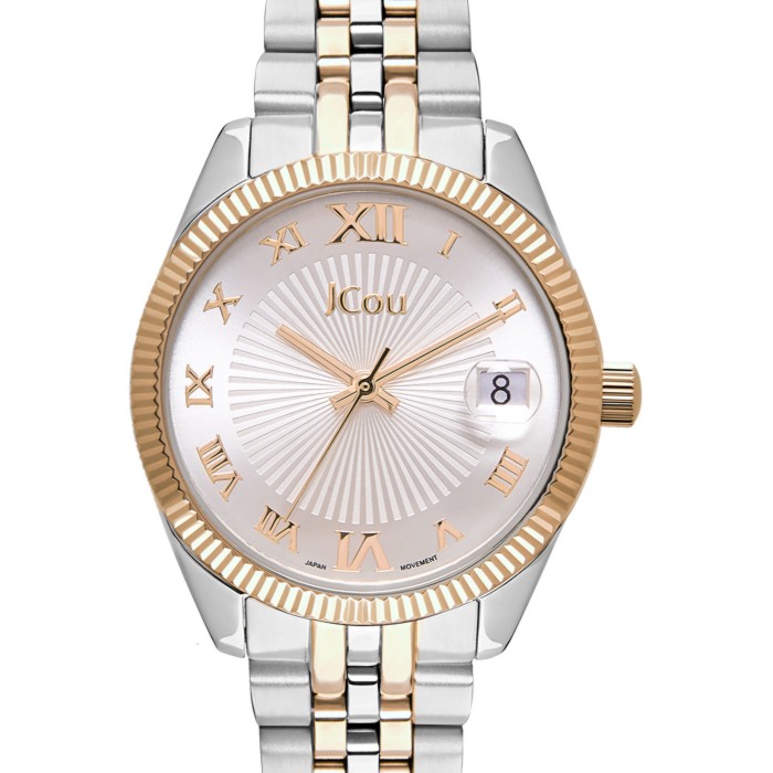 JCou watch with two-tone bracelet and silver sunray dial with Roman numerals