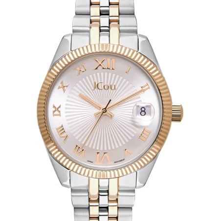 JCou watch with two-tone bracelet and silver sunray dial with Roman numerals
