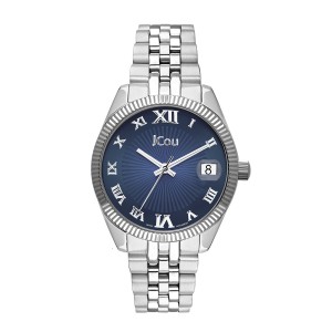 JCou watch with stainless steel bracelet and blue sunray dial with Roman numerals
