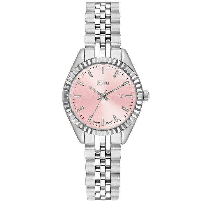 JCou watch with stainless steel bracelet and pink dial