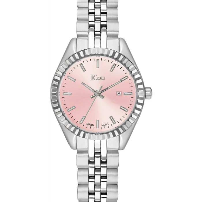 JCou watch with stainless steel bracelet and pink dial