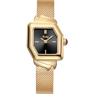 JCou watch with black dial and gold mesh bracelet