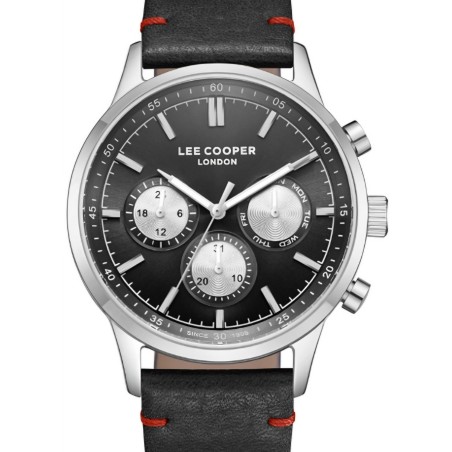 Men’s chronograph watch with black dial, stainless steel case and black leather strap with red stitching.