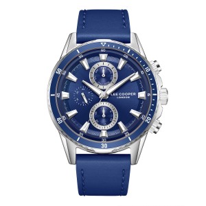 Men’s chronograph watch with blue dial, stainless steel case and blue leather strap.