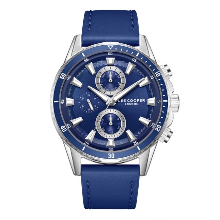 Men’s chronograph watch with blue dial, stainless steel case and blue leather strap.