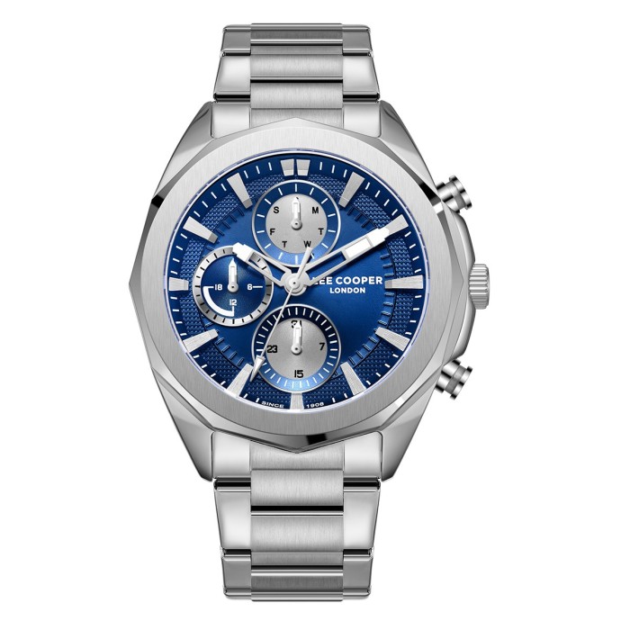 Men’s chronograph watch with blue dial and stainless steel bracelet.